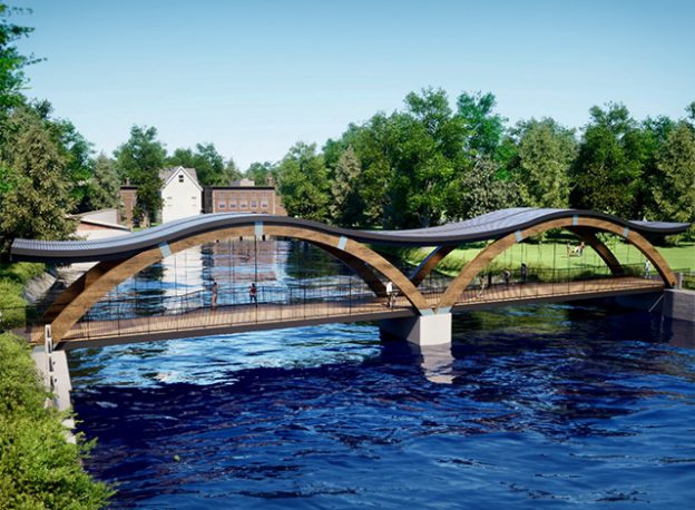 Mockup image of the timber pedestrian bridge to replace the out of commission drivable bridge.