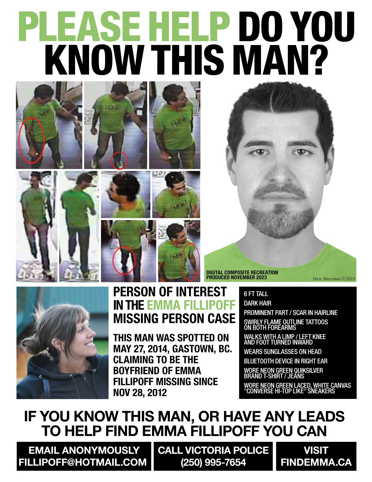 Missing person poster featuring an individual described as a person of interest in the Emma Fillipoff case. The image includes security camera stills of a man in a green t-shirt and jeans, with tattoos on both forearms, a composite sketch of the man, and a photograph of Emma Fillipoff. Text highlights key details about the individual, including their height, distinctive features, and clothing. Contact details for sharing information are provided, including an email address, phone number, and website link.