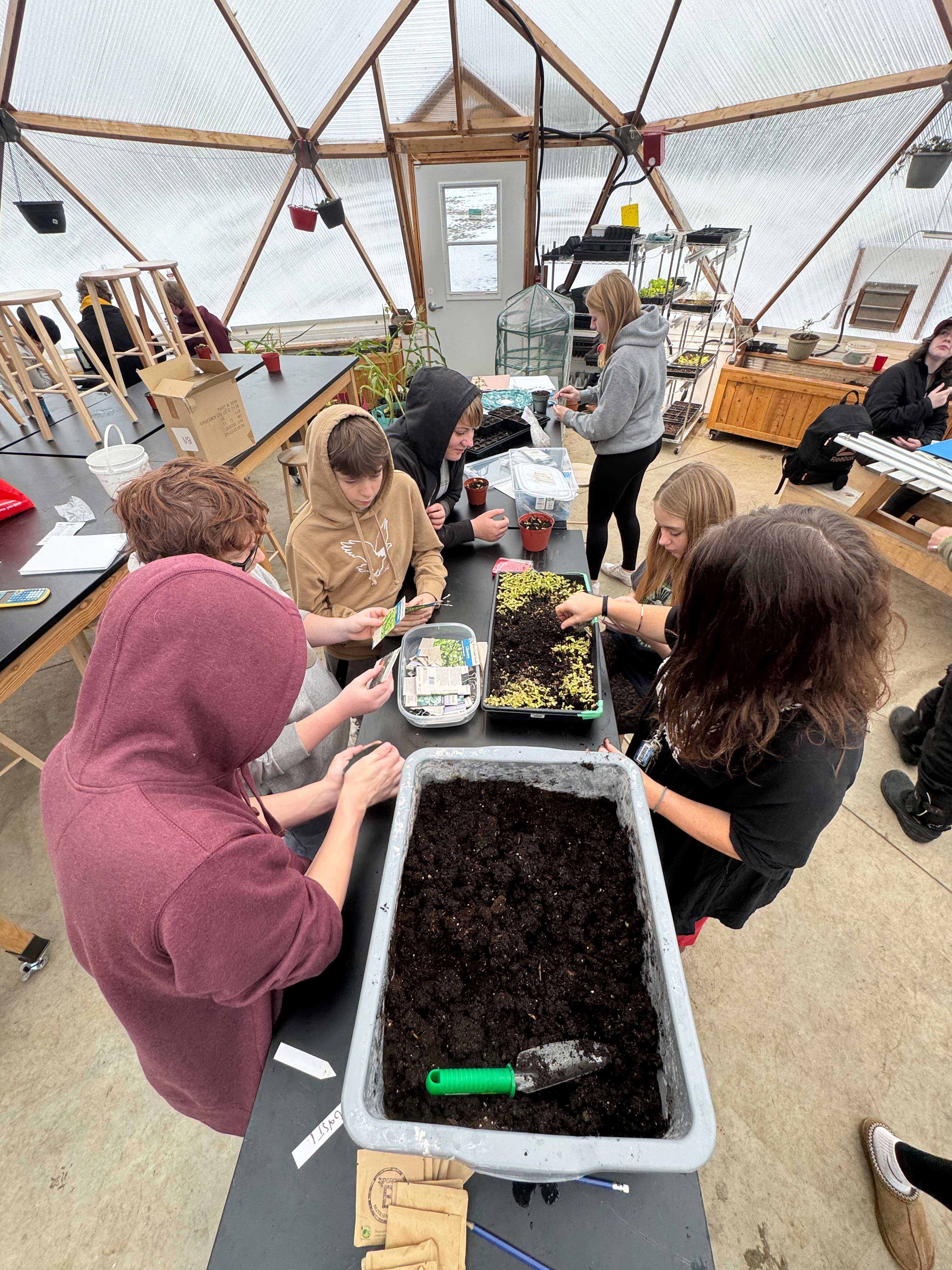 Students working together in the SFDCI geodesic dome, planting seeds and handling soil in trays, surrounded by tables, plants, and gardening tools within the greenhouse-like environment.